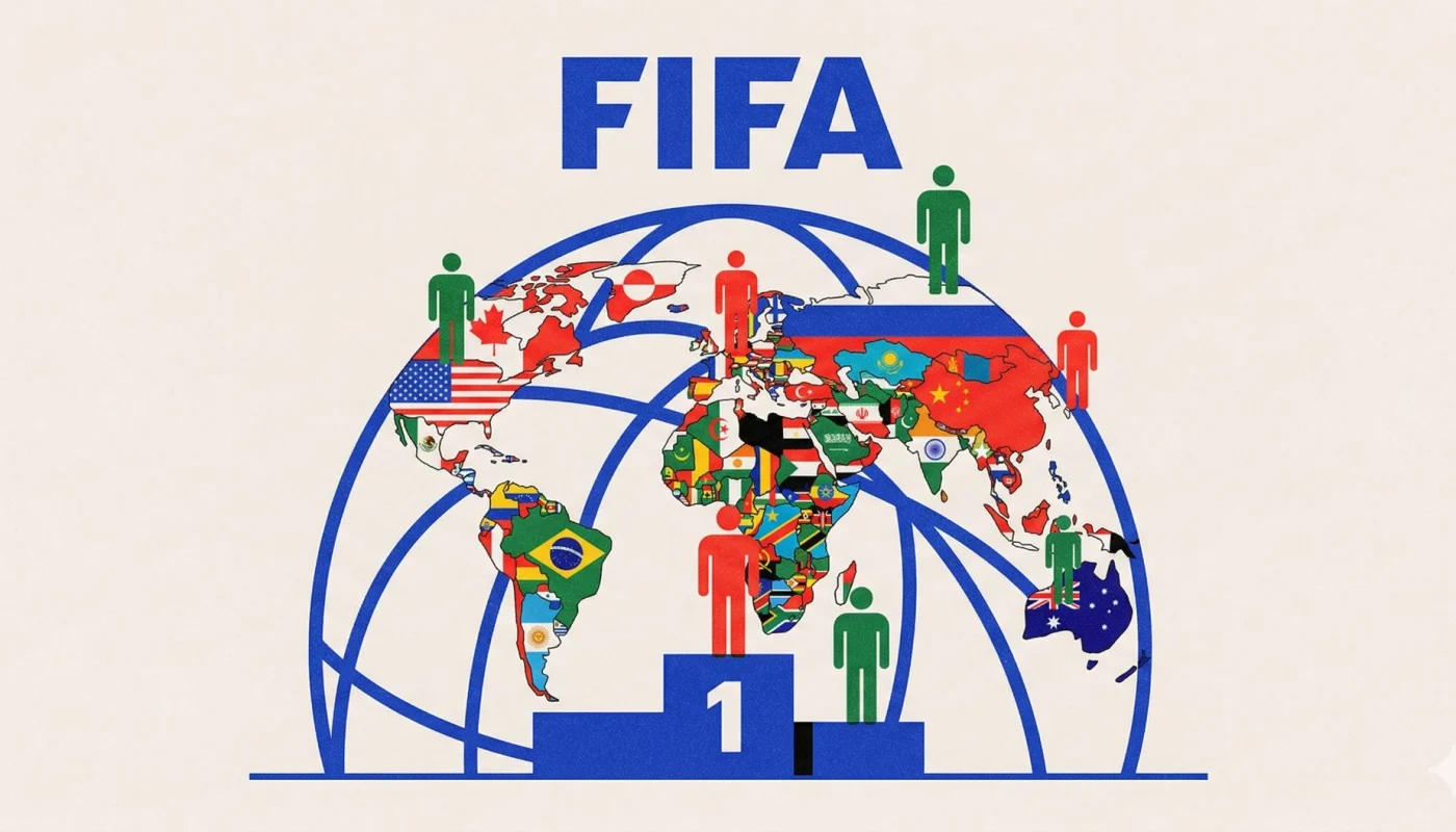 FIFA dünya sıralaması nasıl belirlenir: Dünya haritası üzerinde milli takımları simgeleyen figürler ve ortada birinci kaidesi gösteren hero infografik