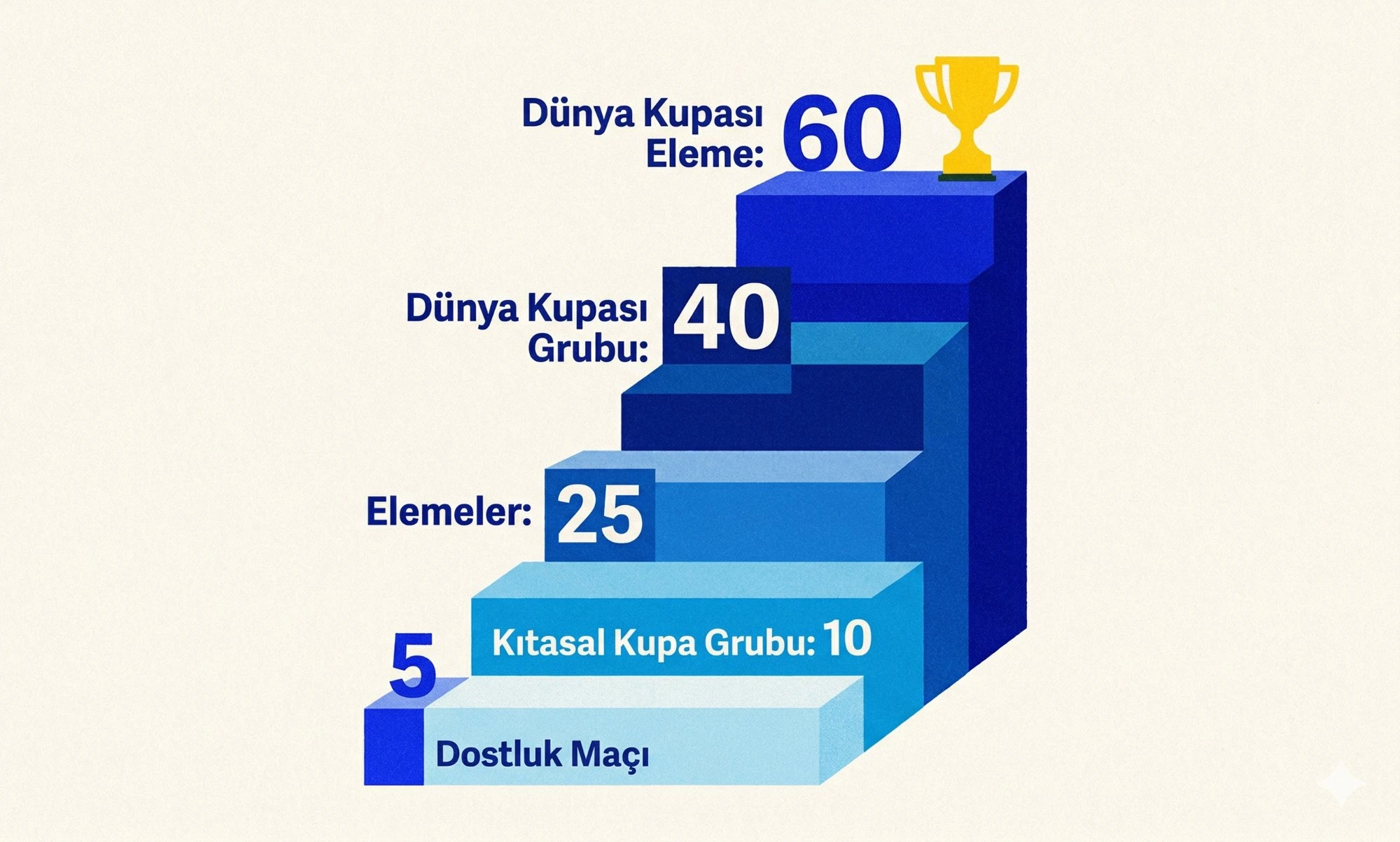 FIFA maç önem katsayıları merdiveni: Dostluk maçı 5 puandan Dünya Kupası eleme maçı 60 puana uzanan hiyerarşiyi gösteren basamaklı infografik